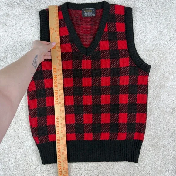 Vintage Campus Orlon Acrylic Sweater Vest Red Black Buffalo Plaid Mens Large USA - Picture 3 of 5